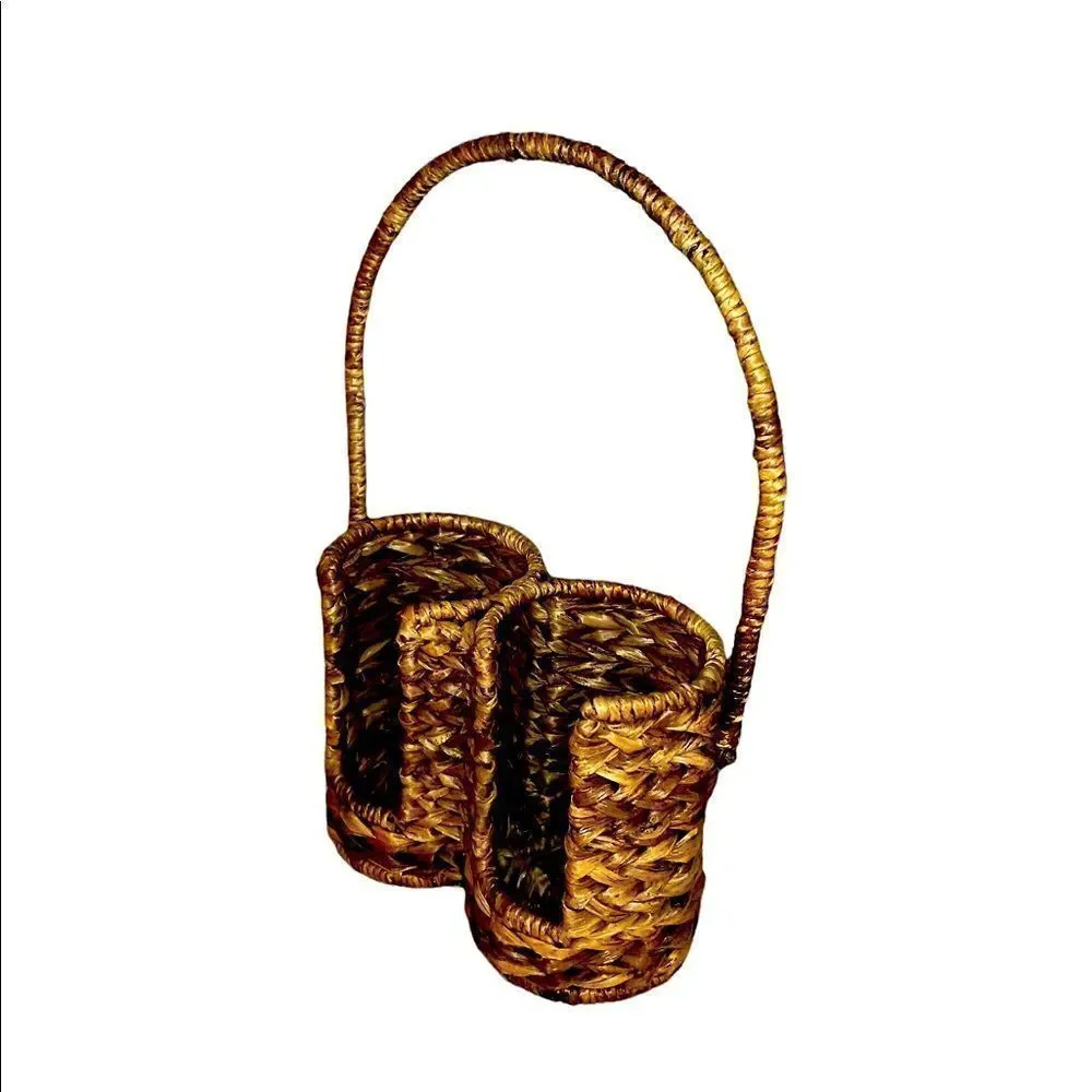 Vintage Double Wine Bottle Woven Wicker Tote with Rotating Handle 14x8